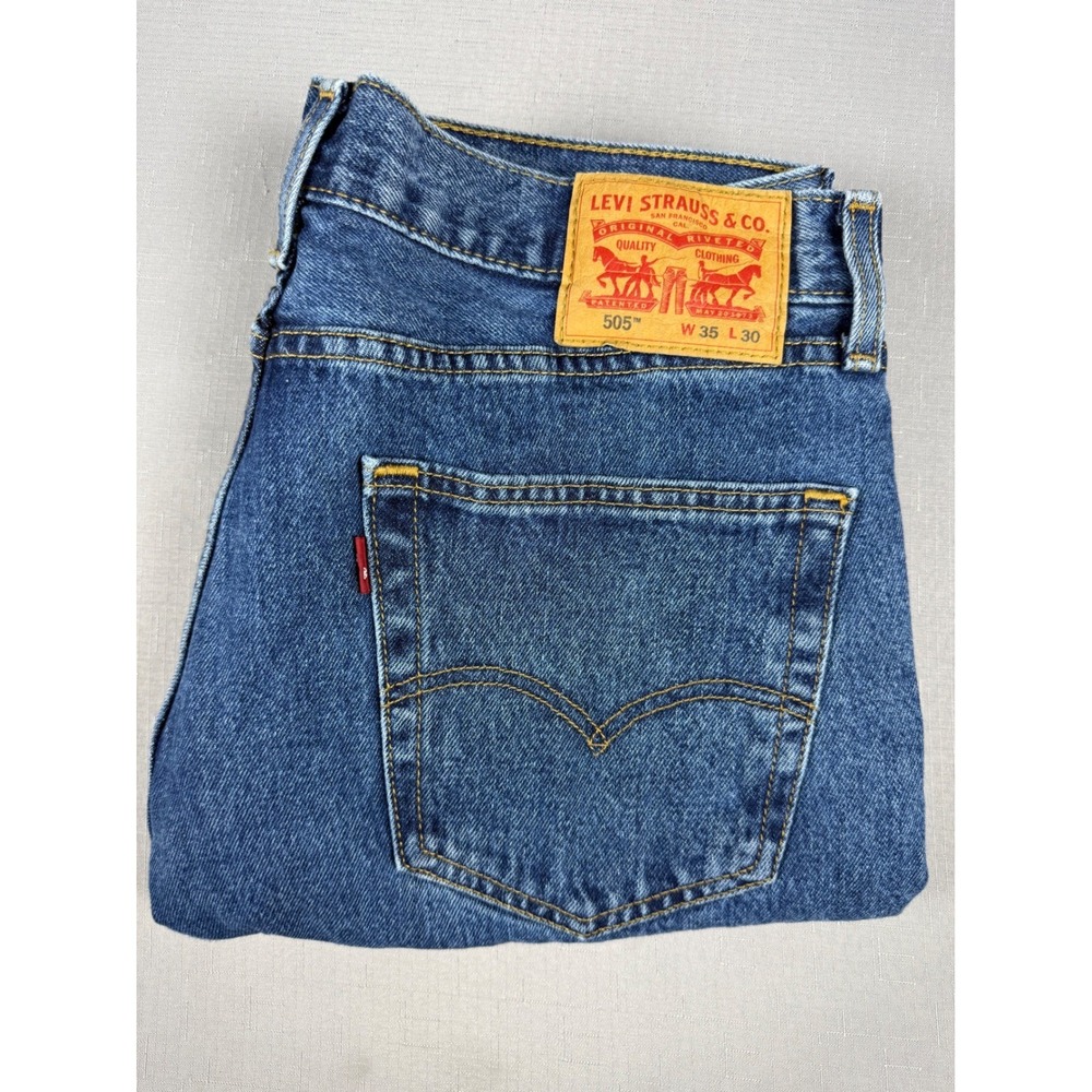Levis 505 Regular Fit Straight Leg Jeans Blue Denim Mens 35x30